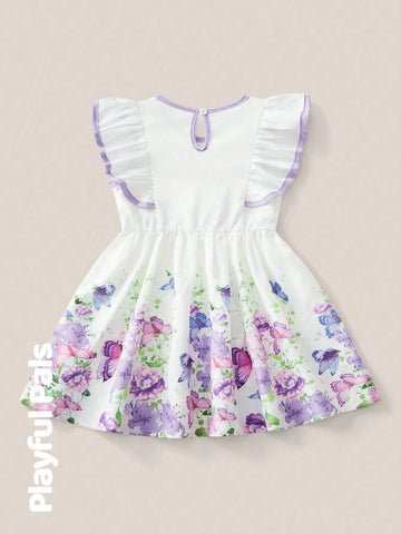 Playful Pals 1pc Young Girls Floral Ombre & Butterfly Print Double Layer Ruffle Belted Dress, Cute/Retro/Playful
