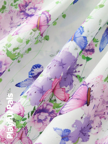 Playful Pals 1pc Young Girls Floral Ombre & Butterfly Print Double Layer Ruffle Belted Dress, Cute/Retro/Playful