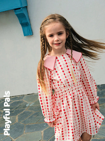 Playful Pals 1pc Young Girls Ruffle Collar, Reversible Collar, Color Block, Puff Sleeve, Heart, Trefoil, Quatrefoil Design Cute/Retro/Casual/Outdoor Basic Casual Any Occasion Dress