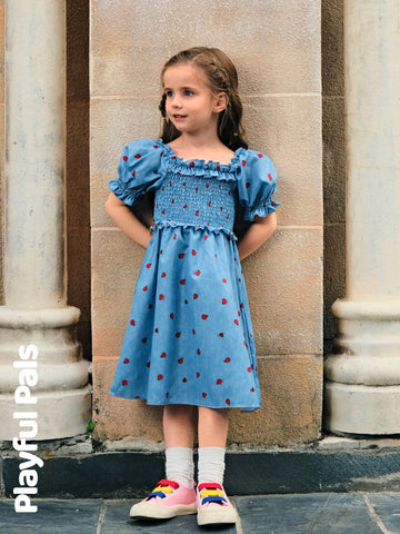 Playful Pals 1pcs Young Girls Cute Animal Ladybug Denim Print Frill Trim Puff Sleeve Waist Design Fashion Dress Outfits