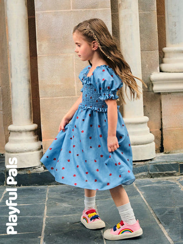 Playful Pals 1pcs Young Girls Cute Animal Ladybug Denim Print Frill Trim Puff Sleeve Waist Design Fashion Dress Outfits