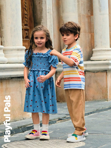 Playful Pals 1pcs Young Girls Cute Animal Ladybug Denim Print Frill Trim Puff Sleeve Waist Design Fashion Dress Outfits