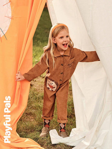 Playful Pals 2024 Young Girl Autumn/Winter Corduroy Jumpsuit With Half-Open Collar, Pocket, English Text & Cute Dog Print, Loose Casual Classic Jumpsuit