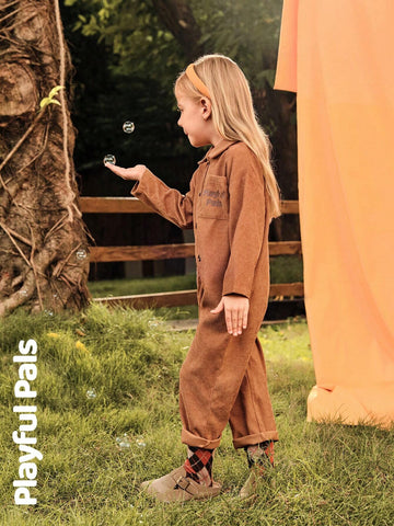 Playful Pals 2024 Young Girl Autumn/Winter Corduroy Jumpsuit With Half-Open Collar, Pocket, English Text & Cute Dog Print, Loose Casual Classic Jumpsuit