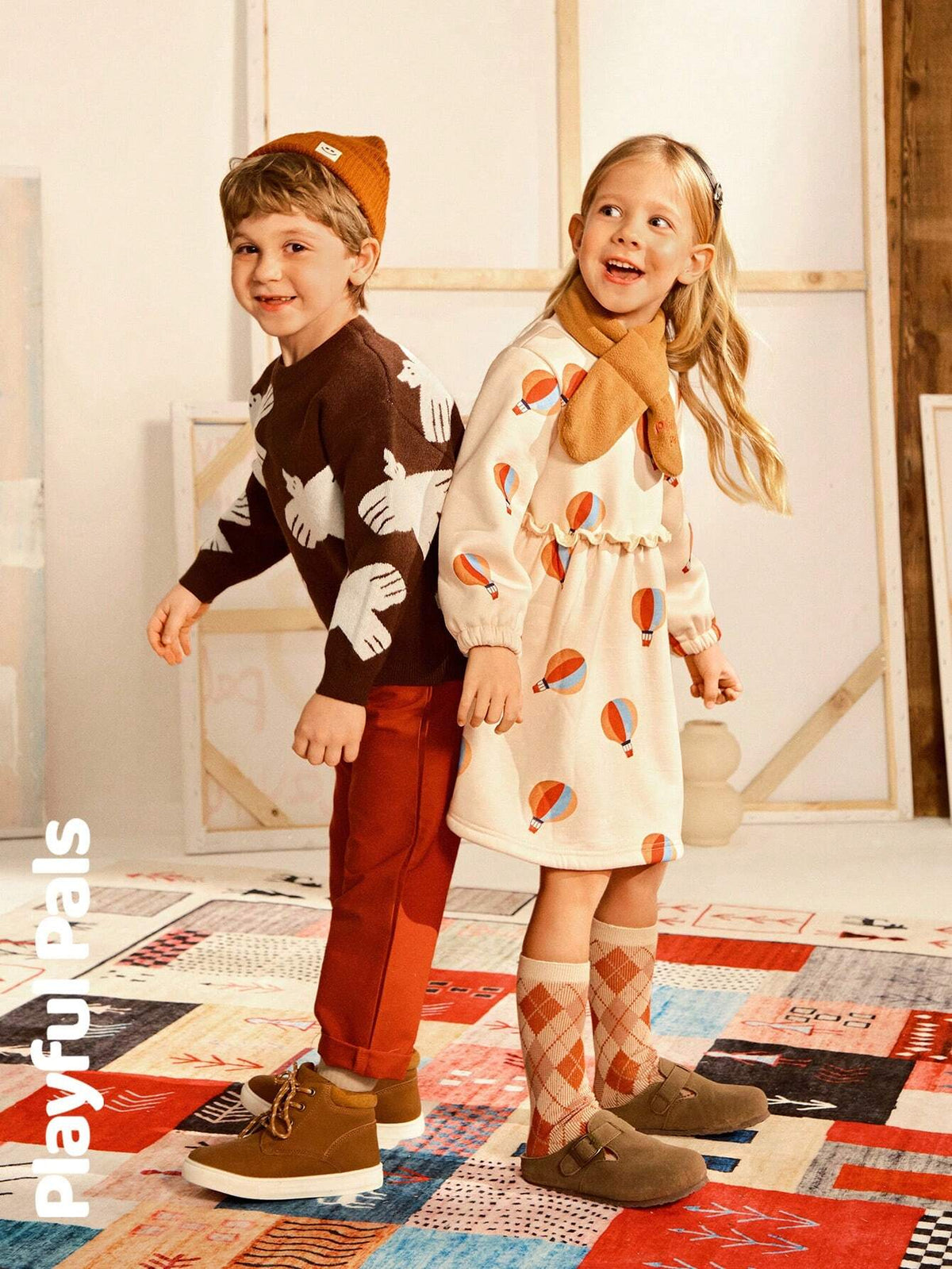 Playful Pals 2pcs Young Girls Cute/Retro/Casual/Back To School Fun Cartoon Long Sleeve A-Line Dress With Scarf