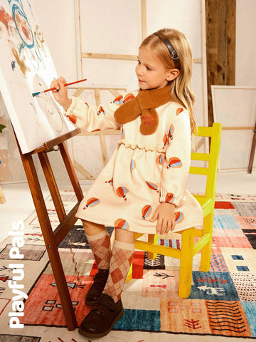 Playful Pals 2pcs Young Girls Cute/Retro/Casual/Back To School Fun Cartoon Long Sleeve A-Line Dress With Scarf