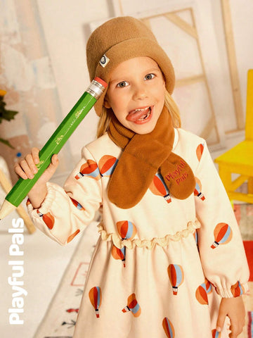 Playful Pals 2pcs Young Girls Cute/Retro/Casual/Back To School Fun Cartoon Long Sleeve A-Line Dress With Scarf