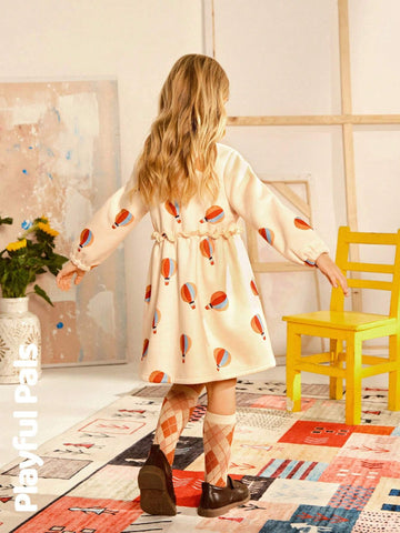 Playful Pals 2pcs Young Girls Cute/Retro/Casual/Back To School Fun Cartoon Long Sleeve A-Line Dress With Scarf