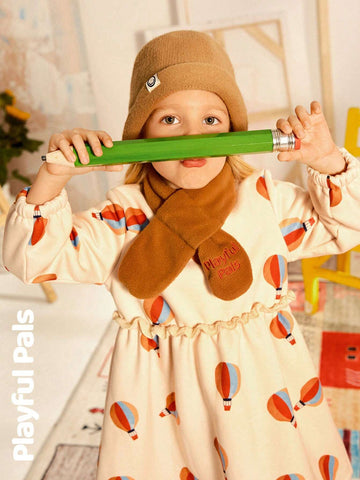 Playful Pals 2pcs Young Girls Cute/Retro/Casual/Back To School Fun Cartoon Long Sleeve A-Line Dress With Scarf