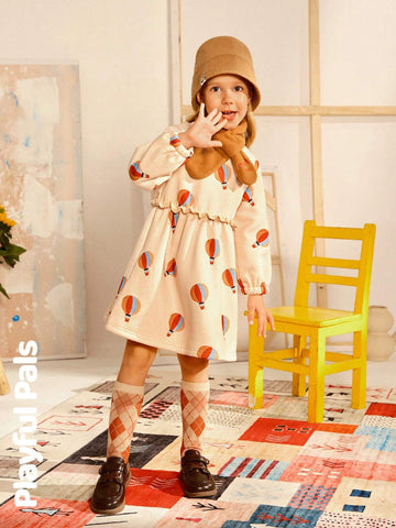 Playful Pals 2pcs Young Girls Cute/Retro/Casual/Back To School Fun Cartoon Long Sleeve A-Line Dress With Scarf