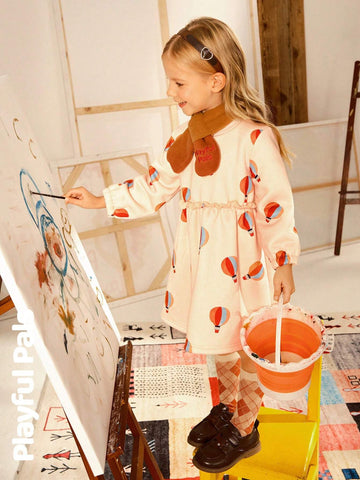 Playful Pals 2pcs Young Girls Cute/Retro/Casual/Back To School Fun Cartoon Long Sleeve A-Line Dress With Scarf
