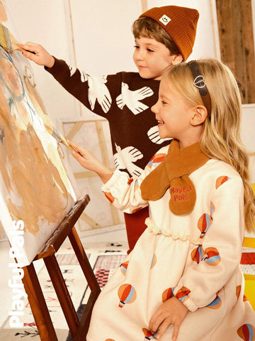 Playful Pals 2pcs Young Girls Cute/Retro/Casual/Back To School Fun Cartoon Long Sleeve A-Line Dress With Scarf