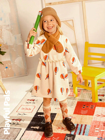 Playful Pals 2pcs Young Girls Cute/Retro/Casual/Back To School Fun Cartoon Long Sleeve A-Line Dress With Scarf