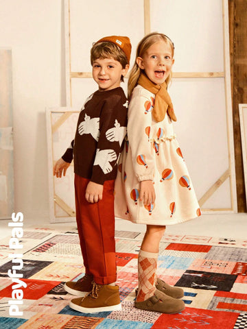 Playful Pals 2pcs Young Girls Cute/Retro/Casual/Back To School Fun Cartoon Long Sleeve A-Line Dress With Scarf