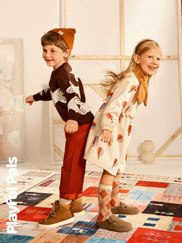 Playful Pals 2pcs Young Girls Cute/Retro/Casual/Back To School Fun Cartoon Long Sleeve A-Line Dress With Scarf