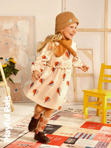 Playful Pals 2pcs Young Girls Cute/Retro/Casual/Back To School Fun Cartoon Long Sleeve A-Line Dress With Scarf