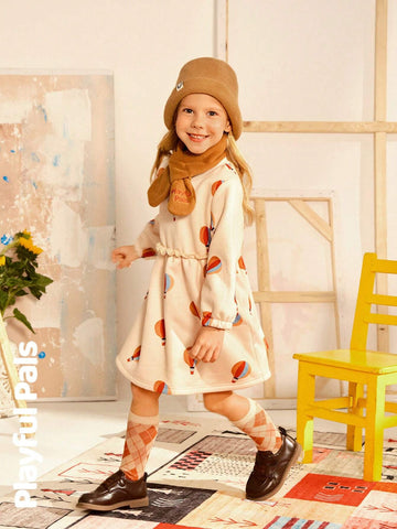Playful Pals 2pcs Young Girls Cute/Retro/Casual/Back To School Fun Cartoon Long Sleeve A-Line Dress With Scarf