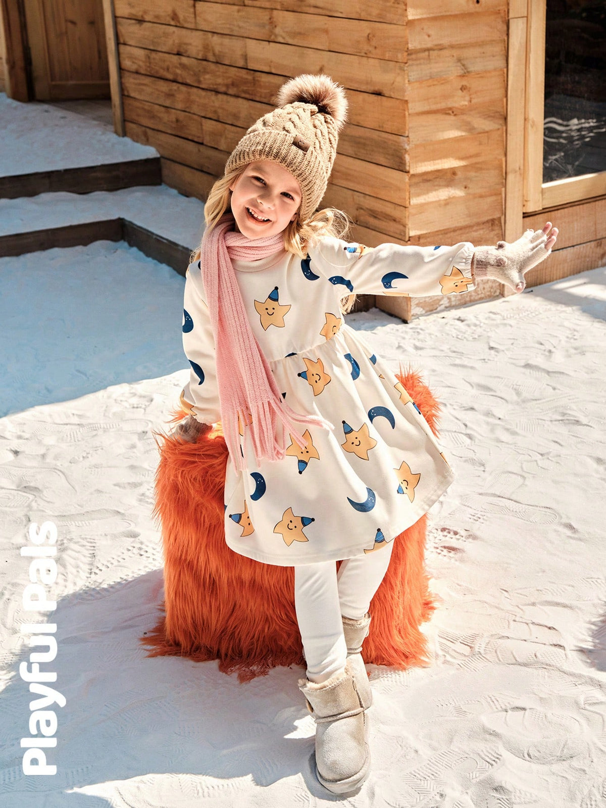 Playful Pals Girls Young Girl Autumn/Winter Star & Moon Print Round Neck Long Sleeve Loose Retro Elegant Floral Lace Decorated Warm Fleece Lining Dress