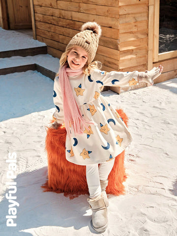 Playful Pals Girls Young Girl Autumn/Winter Star & Moon Print Round Neck Long Sleeve Loose Retro Elegant Floral Lace Decorated Warm Fleece Lining Dress