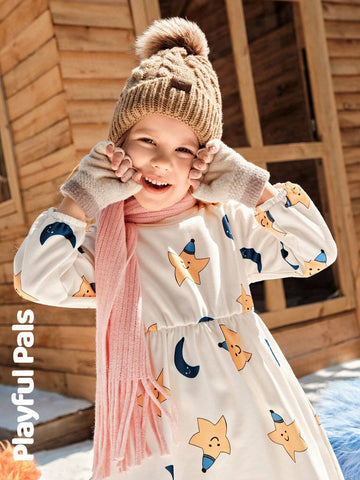Playful Pals Girls Young Girl Autumn/Winter Star & Moon Print Round Neck Long Sleeve Loose Retro Elegant Floral Lace Decorated Warm Fleece Lining Dress