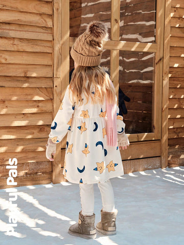 Playful Pals Girls Young Girl Autumn/Winter Star & Moon Print Round Neck Long Sleeve Loose Retro Elegant Floral Lace Decorated Warm Fleece Lining Dress