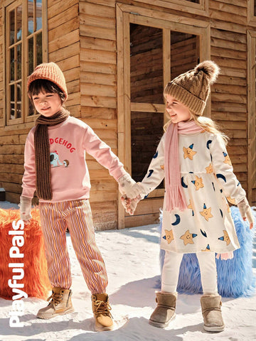 Playful Pals Girls Young Girl Autumn/Winter Star & Moon Print Round Neck Long Sleeve Loose Retro Elegant Floral Lace Decorated Warm Fleece Lining Dress