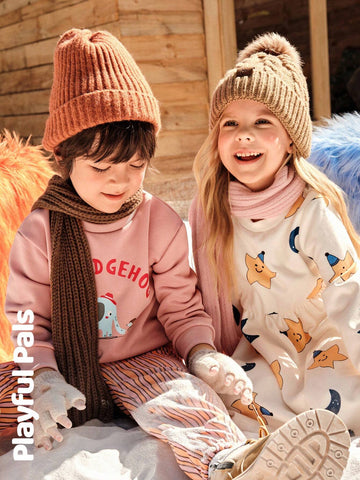 Playful Pals Girls Young Girl Autumn/Winter Star & Moon Print Round Neck Long Sleeve Loose Retro Elegant Floral Lace Decorated Warm Fleece Lining Dress