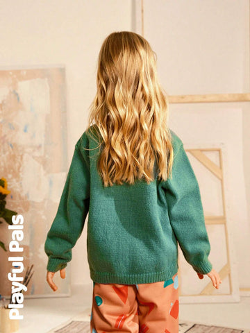 Playful Pals Young Girl Casual Cute Cat Pattern Drop Shoulder Sweater For Autumn/Winter