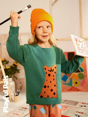 Playful Pals Young Girl Casual Cute Cat Pattern Drop Shoulder Sweater For Autumn/Winter