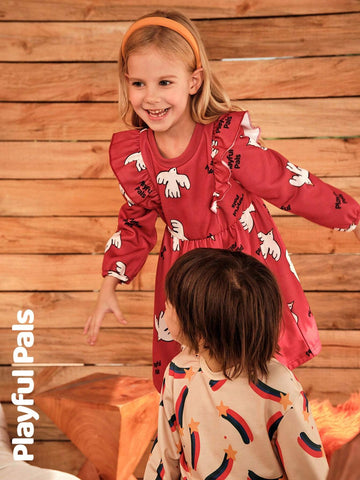 Playful Pals Young Girl Print Round Neck Long Sleeve Loose Retro Floral Trimmed Warm Lined Dress, Winter New Arrival