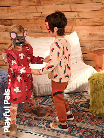 Playful Pals Young Girl Print Round Neck Long Sleeve Loose Retro Floral Trimmed Warm Lined Dress, Winter New Arrival