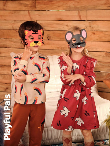 Playful Pals Young Girl Print Round Neck Long Sleeve Loose Retro Floral Trimmed Warm Lined Dress, Winter New Arrival