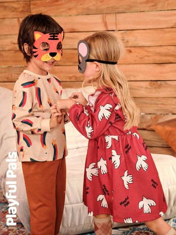 Playful Pals Young Girl Print Round Neck Long Sleeve Loose Retro Floral Trimmed Warm Lined Dress, Winter New Arrival