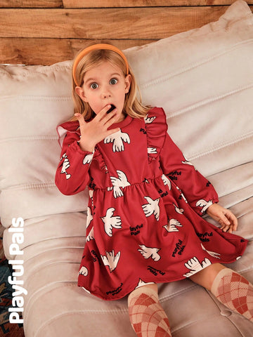 Playful Pals Young Girl Print Round Neck Long Sleeve Loose Retro Floral Trimmed Warm Lined Dress, Winter New Arrival