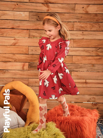 Playful Pals Young Girl Print Round Neck Long Sleeve Loose Retro Floral Trimmed Warm Lined Dress, Winter New Arrival