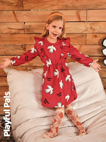 Playful Pals Young Girl Print Round Neck Long Sleeve Loose Retro Floral Trimmed Warm Lined Dress, Winter New Arrival