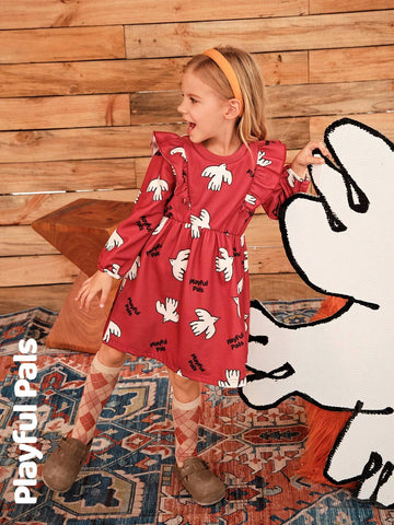 Playful Pals Young Girl Print Round Neck Long Sleeve Loose Retro Floral Trimmed Warm Lined Dress, Winter New Arrival