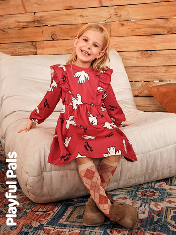 Playful Pals Young Girl Print Round Neck Long Sleeve Loose Retro Floral Trimmed Warm Lined Dress, Winter New Arrival