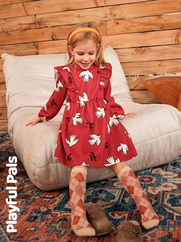 Playful Pals Young Girl Print Round Neck Long Sleeve Loose Retro Floral Trimmed Warm Lined Dress, Winter New Arrival