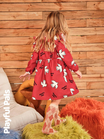 Playful Pals Young Girl Print Round Neck Long Sleeve Loose Retro Floral Trimmed Warm Lined Dress, Winter New Arrival