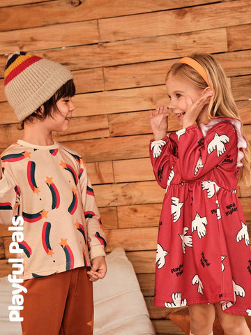 Playful Pals Young Girl Print Round Neck Long Sleeve Loose Retro Floral Trimmed Warm Lined Dress, Winter New Arrival