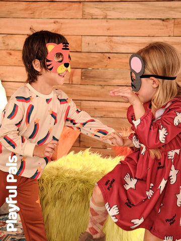 Playful Pals Young Girl Print Round Neck Long Sleeve Loose Retro Floral Trimmed Warm Lined Dress, Winter New Arrival