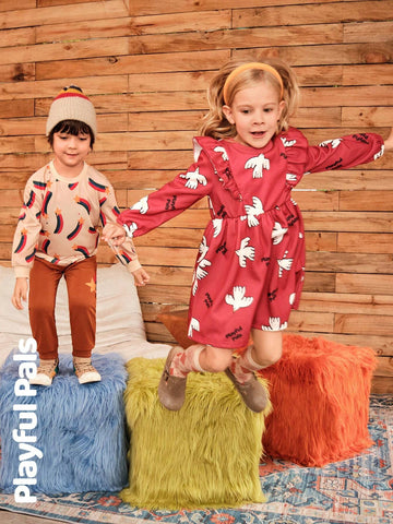 Playful Pals Young Girl Print Round Neck Long Sleeve Loose Retro Floral Trimmed Warm Lined Dress, Winter New Arrival