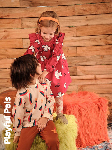 Playful Pals Young Girl Print Round Neck Long Sleeve Loose Retro Floral Trimmed Warm Lined Dress, Winter New Arrival