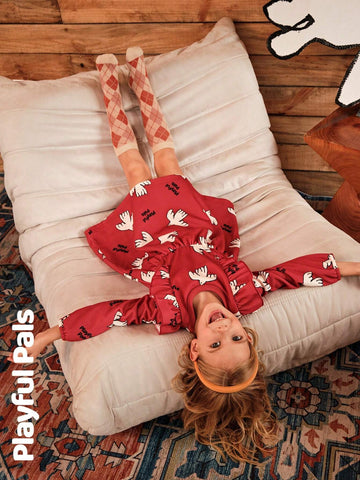 Playful Pals Young Girl Print Round Neck Long Sleeve Loose Retro Floral Trimmed Warm Lined Dress, Winter New Arrival