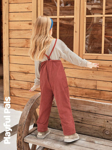 Playful Pals Young Girl Solid Color Pocket Loose Casual Jumpsuit With Straps, Autumn