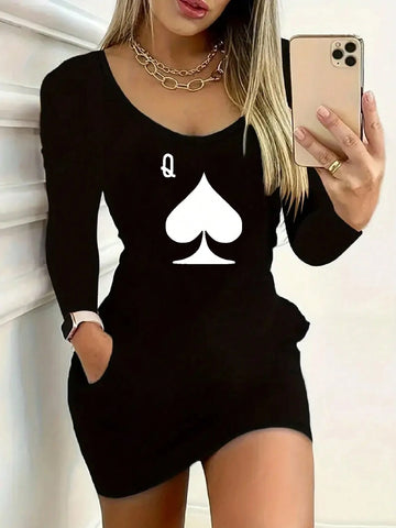 Playing Card Printed Fitted Long Sleeve Summer Dress, Women Clothing