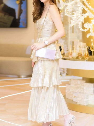 Pleated Coated Rhinestone Chain Decoration Multi-Layer Skirt Hem Women's Cocktail Dress