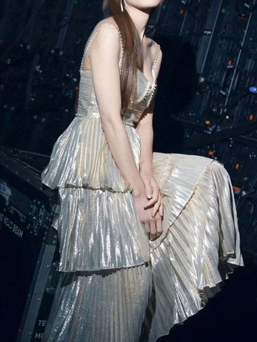 Pleated Coated Rhinestone Chain Decoration Multi-Layer Skirt Hem Women's Cocktail Dress