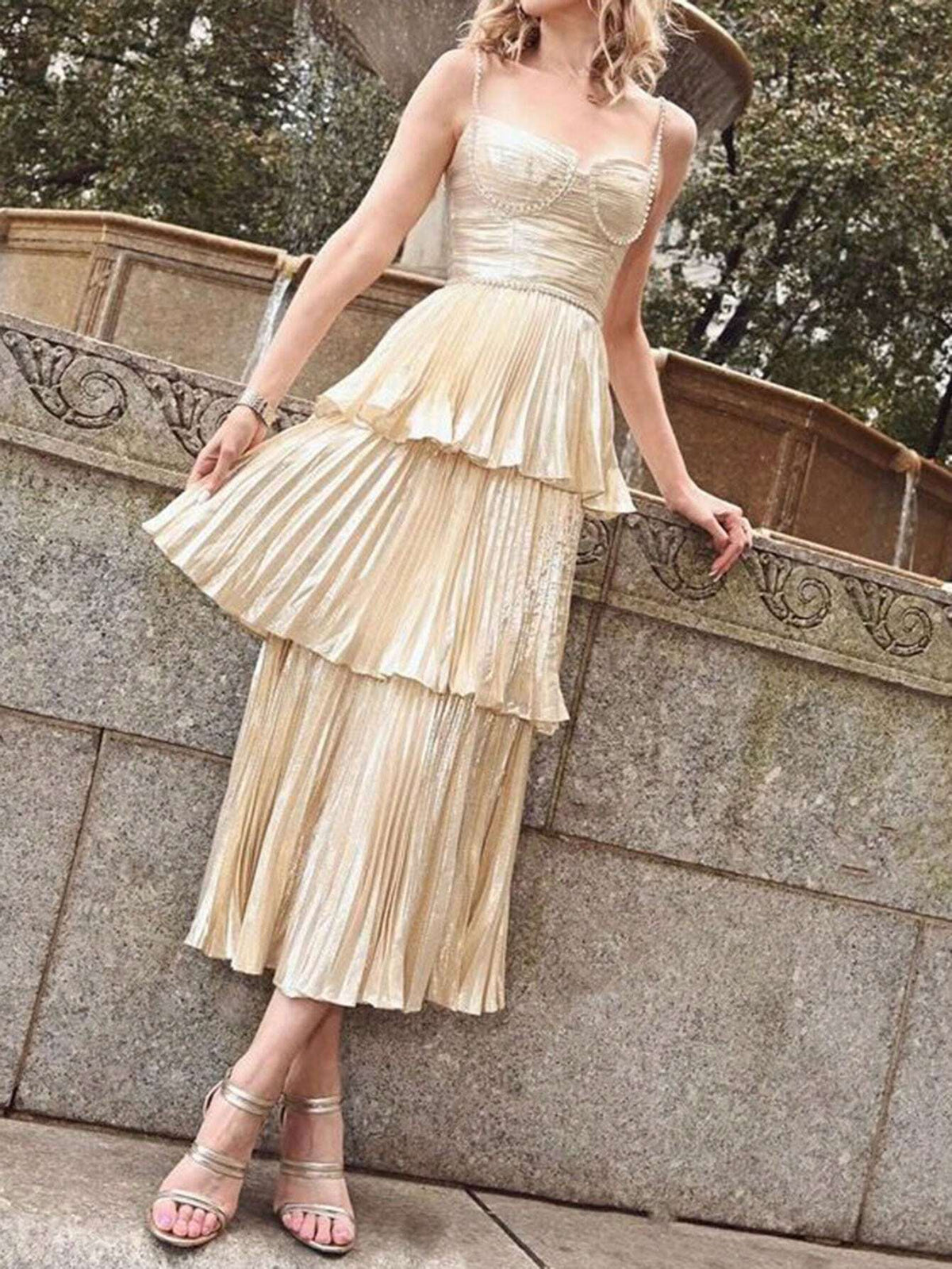 Pleated Coated Rhinestone Chain Decoration Multi-Layer Skirt Hem Women's Cocktail Dress